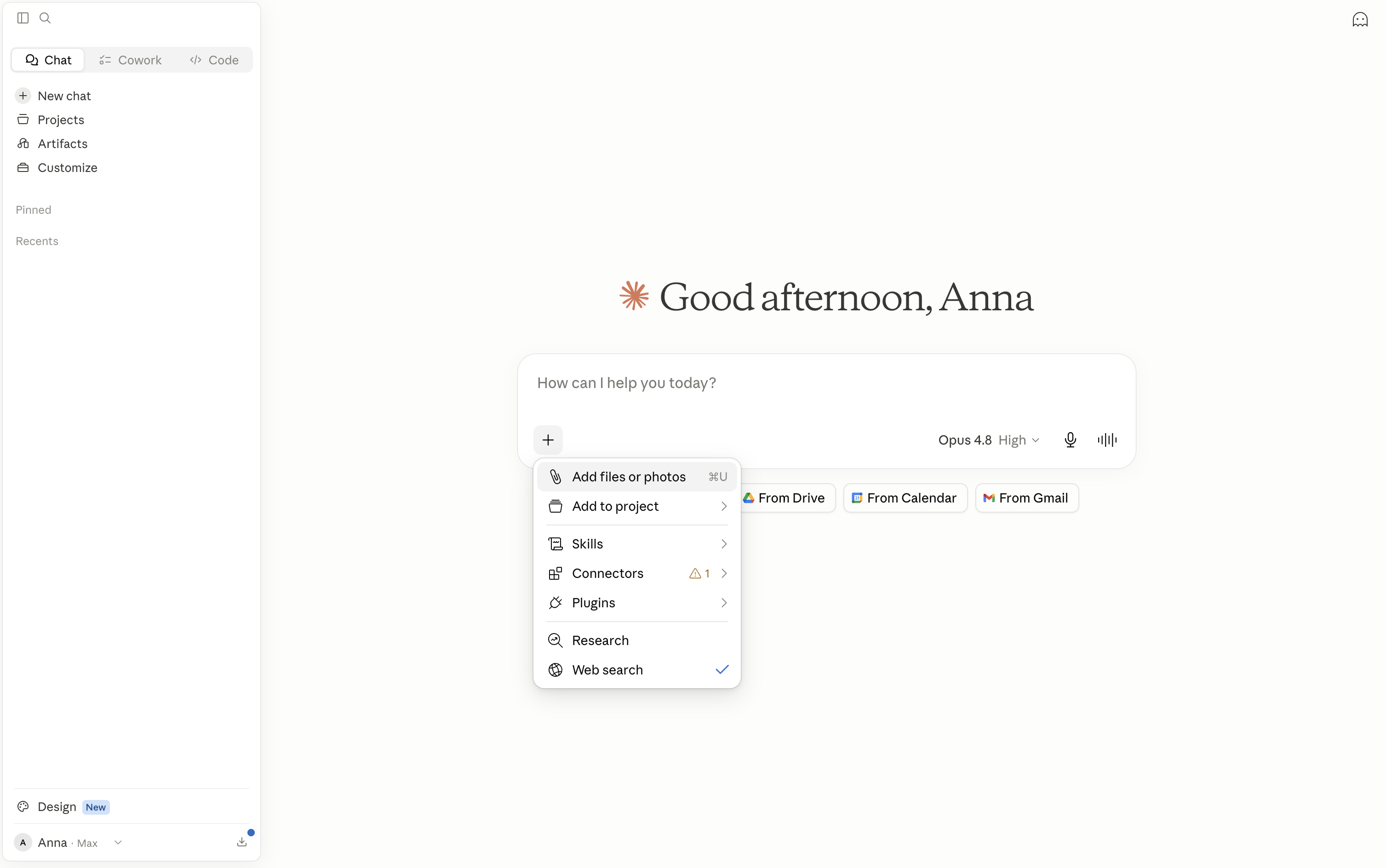 You add your data to Claude through the attach menu — you upload the file yourself, because the connectors that exist (Drive, Calendar, Gmail) don't include a gym CRM