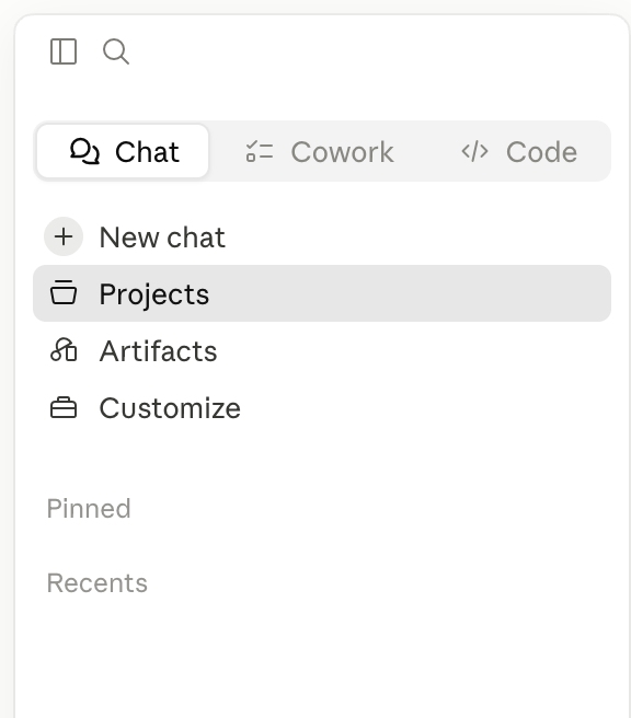 Projects in Claude's sidebar — a persistent workspace where the gym files you upload stay in context across every conversation