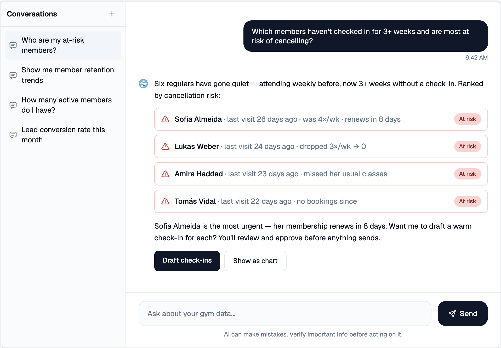 Asking Nutripy in plain English which members are most at risk of cancelling — it answers from your unified gym data right inside the product, with no export